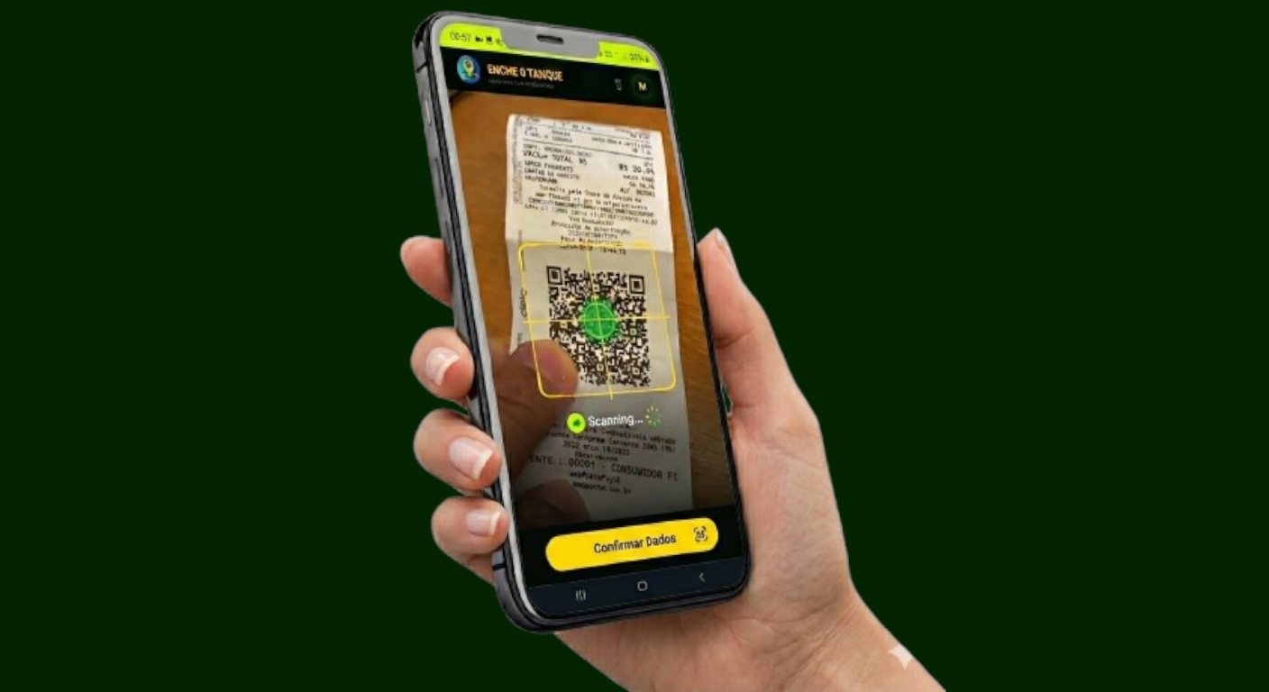 Escaneie o QR Code da nota fiscal eletrônica de combustível com a câmera do celular no app Enche o Tanque